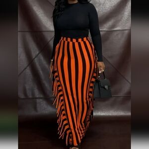 Striped Orange & Black Fringe Maxi Skirt — High-Waist Statement 19 W. 40 L